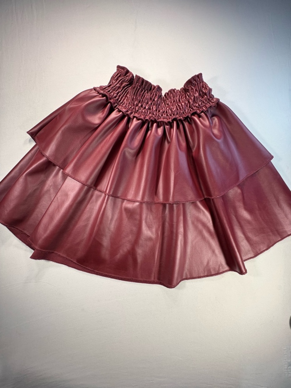 GIRLS Tiered Faux Leather Mini Skirt in Burgundy